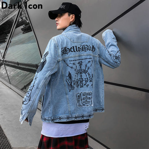 Embroidery Jean Jackets Turn-down Collar Men Street Hip Hop Jackets Casual Denim Jackets For Man