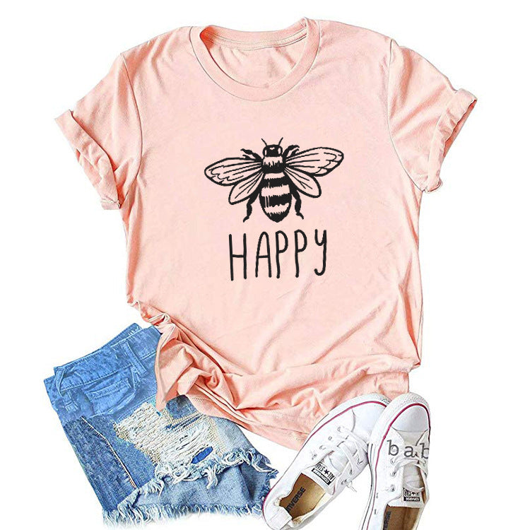 Summer Beach Female T-Shirts Bee Happy Print Women T Shirt Cute Graphic Tees Round Neck Short Sleeve Casual Tshirt Harajuku