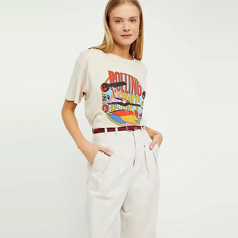 Vintage Beige Rolling Stones Summer Tshirt Rock Cartoon O Neck Cotton T-Shirt Girls Streetwear Designer Style New Arrivals 2019
