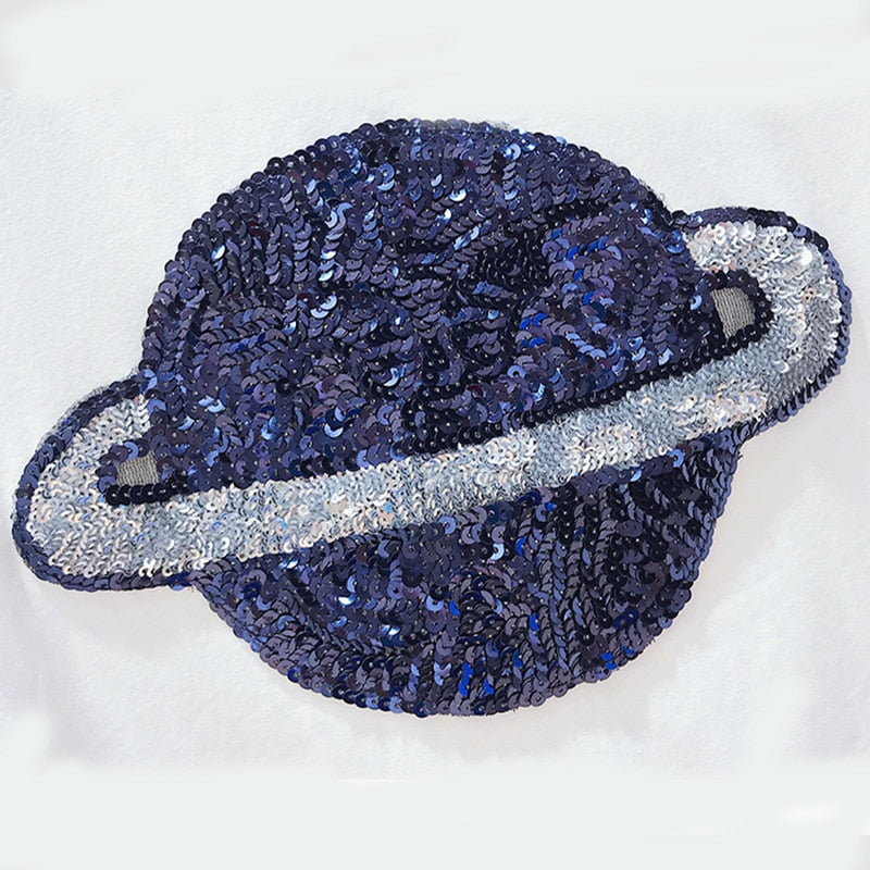 Embroidered Sequins Cotton Short Sleeve T-shirt Female Planet Casual Loose Tops Black White Tshirt O Neck Fashion Korean Shirt