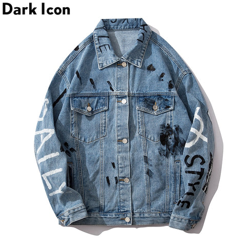 Graffiti Blue Jeans Jacket Men 2019 Autumn Hip Hop Jackets New Fashion Men's Denim Jackets Streetwear