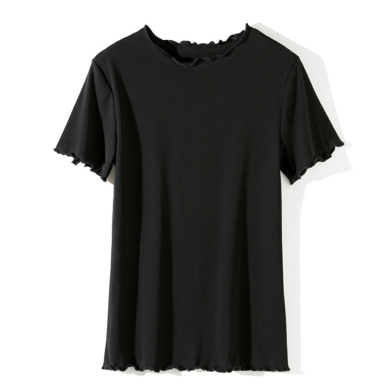  Ruffles Summer T Shirt Women Cotton Casual Solid T-Shirt Women Korean Tops Tee Shirt Femme Slim Black Tshirt Harajuku New