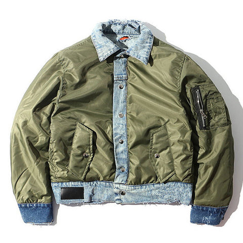 Patchwork Cotton Padded Men's Jacket 2019 Winter Thick Style Ripped Denim Coats Men Green Black