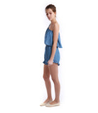 Autumn Winter Women Denim Fancy Short Jumpsuit Casual Slant Shoulder Flouncing 100% Tencel Washed Blue Female Lady Short