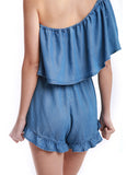 Autumn Winter Women Denim Fancy Short Jumpsuit Casual Slant Shoulder Flouncing 100% Tencel Washed Blue Female Lady Short