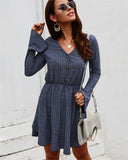 Flare Long Sleeve Women Dress Casual Autumn Winter V Neck Buttons Solid Mini A-Line Party Mini Dresses