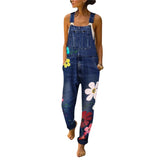 Fashion Women Florals Printing Women Jeans Autumn Straps Neck Light Washed Pockets Overalls Denim Pants Full Length
