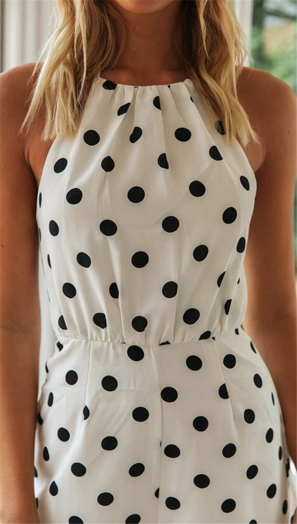  Women Jumpsuit Polka Dot Sexy Off Shoulder Summer Overalls Casual Chiffon Halter Backless Vintage White Beach Rompers