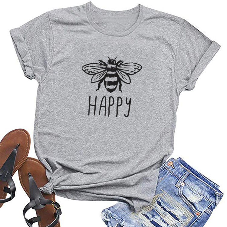 Summer Beach Female T-Shirts Bee Happy Print Women T Shirt Cute Graphic Tees Round Neck Short Sleeve Casual Tshirt Harajuku