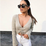 V Neck Knit Long Sleeve Crop Top