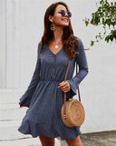 Flare Long Sleeve Women Dress Casual Autumn Winter V Neck Buttons Solid Mini A-Line Party Mini Dresses
