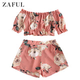 Women Suit Beach Floral Print Off Shoulder Crop Top And Elastic High Waist Shorts Women Set Summer Bohemian Two Piece Set