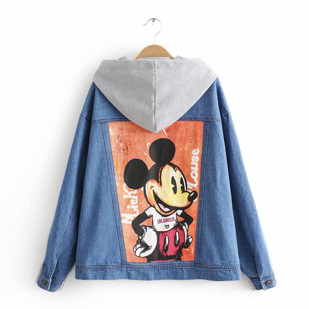 MickeyHooded Jackets 2019 Design Women Causal Jean Coat Zipper Lightweight Jackets Bomber Famale Pockets Denim Jacket