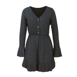 Flare Long Sleeve Women Dress Casual Autumn Winter V Neck Buttons Solid Mini A-Line Party Mini Dresses