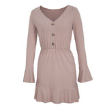 Flare Long Sleeve Women Dress Casual Autumn Winter V Neck Buttons Solid Mini A-Line Party Mini Dresses