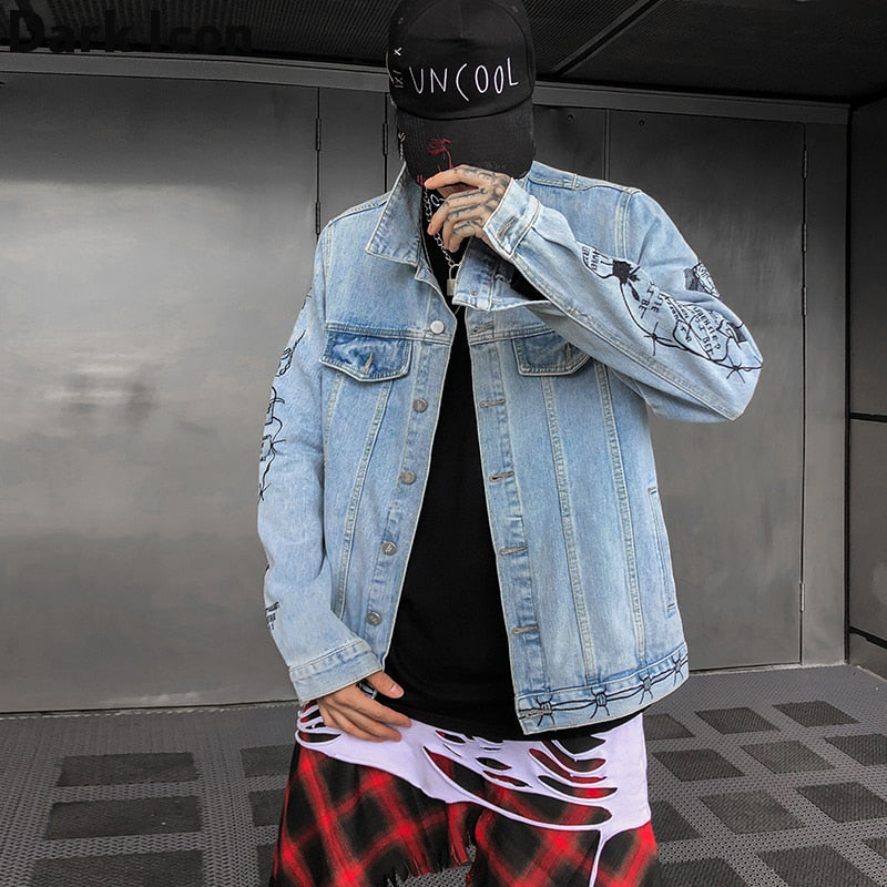 Embroidery Jean Jackets Turn-down Collar Men Street Hip Hop Jackets Casual Denim Jackets For Man