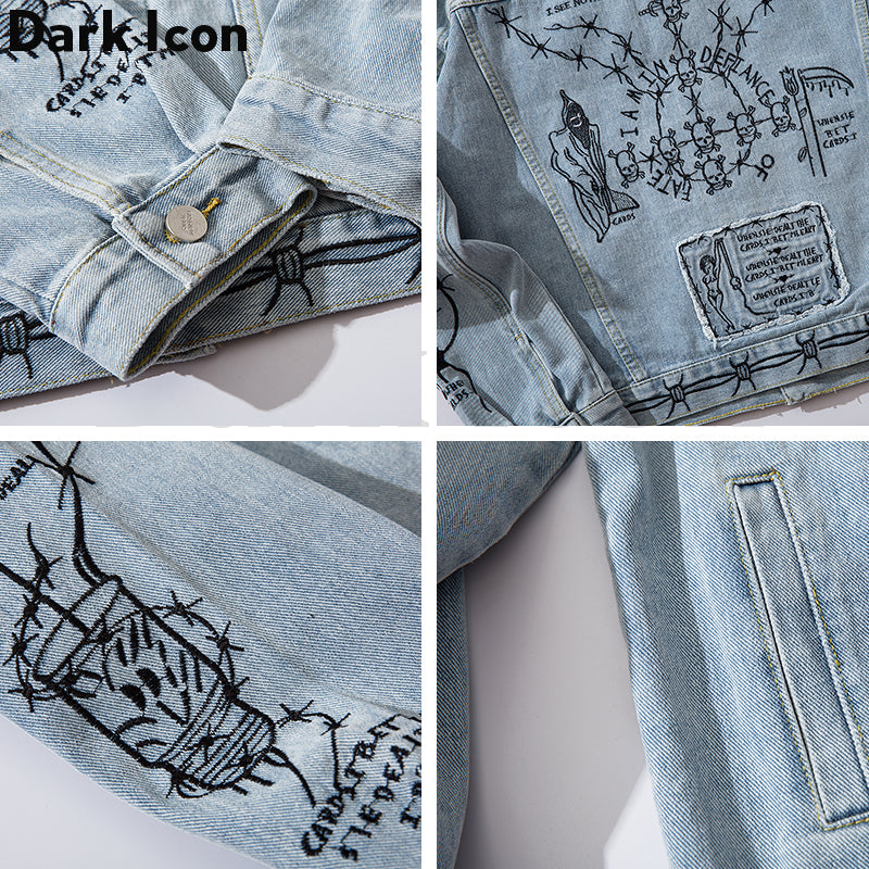 Embroidery Jean Jackets Turn-down Collar Men Street Hip Hop Jackets Casual Denim Jackets For Man