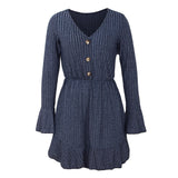 Flare Long Sleeve Women Dress Casual Autumn Winter V Neck Buttons Solid Mini A-Line Party Mini Dresses