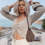 Autumn Fashion V-Neck Ruched Female Crop Tops Casual Long Sleeve Striped Blouses For Women 2019 Winter New