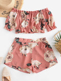Women Suit Beach Floral Print Off Shoulder Crop Top And Elastic High Waist Shorts Women Set Summer Bohemian Two Piece Set