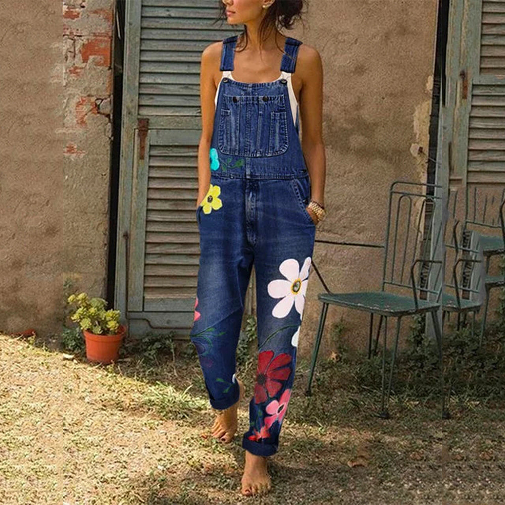  Fashion Women Florals Printing Women Jeans Autumn Straps Neck Light Washed Pockets Overalls Denim Pants Full Length