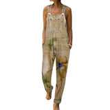 Fashion Women Florals Printing Women Jeans Autumn Straps Neck Light Washed Pockets Overalls Denim Pants Full Length