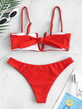  Women Sexy Swimwear Back Knot Ribbed Bikini Set Beach Suit Wire Free Padded Low Waisted Beach Wear Swimming Suit
