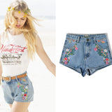 New flower embroidered shorts jeans women Vintage ethnic style Slim high waist shorts casual boho Blue denim for feminine
