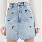  denim skirts women vintage cute cartoon mouse embroidery high waist a-line mini burrs denim skirt women plus size