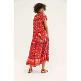 Boho Girls midi print dress plus size v neck with ruffles and puff sleeve natural waist red summer pleated dress new arrivals