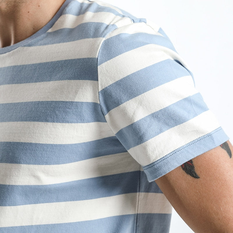  Men T shirt Fashion O-neck Short-sleeved Slim Fit Blue Striped T-SHIRT Man Top Tee