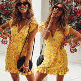 New Fashion Bohemian Style Women Summer Casual Short Sleeve V Neck Bandage Bodycon Yellow Evening Party Print Short Mini Dress