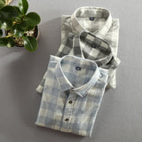  Vintage  Style Classic Plaid Cotton Long Sleeve Blue Shirt Male Casual Slim Fit Shirt Import Clothes