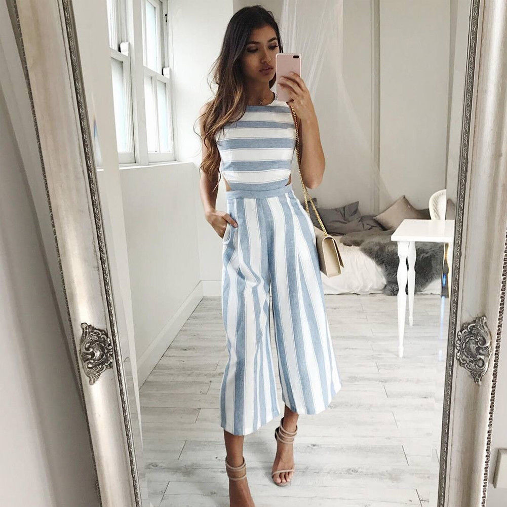 Women Casual Summer Strap Romper Bodycon Striped Jumpsuit Sleeveless Backless Playsuit Clubwear