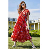 Boho Girls midi print dress plus size v neck with ruffles and puff sleeve natural waist red summer pleated dress new arrivals