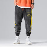 Japanese Style Fashion Men Jeans Black Elastic Waist LOVE AND PEACE Embroidery Hip Hop Pants hombre Streetwear Joggers Jeans Men