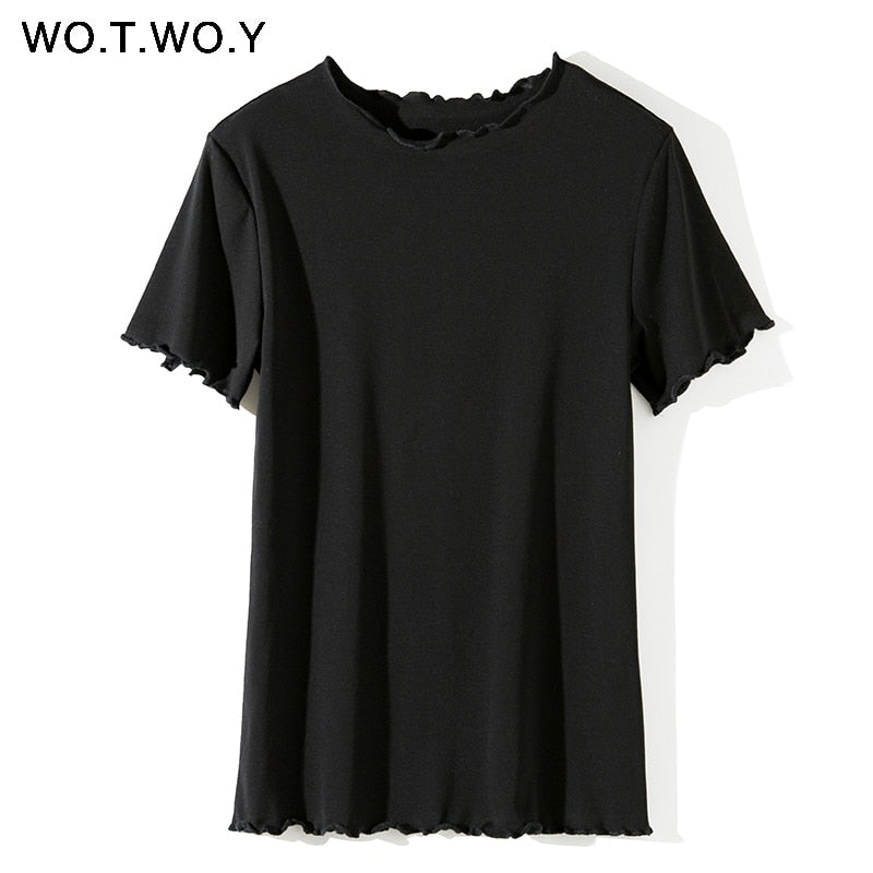 Ruffles Summer T Shirt Women Cotton Casual Solid T-Shirt Women Korean Tops Tee Shirt Femme Slim Black Tshirt Harajuku New