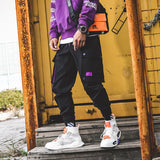 Boys Multi-pocket Harem Cargo Pants 2019 Men Streetwear Joggers Pants Hip Hop Casual Trousers Male Black Purple Pant WG04