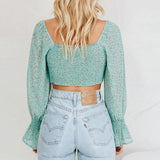 Floral Women Autumm Tops Blouse Green Twist Long Sleeve Short Shirt Holiday Female Winter Casual Blouses Top Blusa