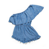 Denim Slant Shoulder Short Jumpsuit