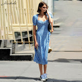  French Romance Retro Dresses Women Casual Floral Print Square Collar Dresses Ruffles Puff Sleeve Midi Dresses Lady 2019