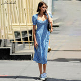 French Romance Retro Dresses Women Casual Floral Print Square Collar Dresses Ruffles Puff Sleeve Midi Dresses Lady 2019