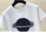 Embroidered Sequins Cotton Short Sleeve T-shirt Female Planet Casual Loose Tops Black White Tshirt O Neck Fashion Korean Shirt