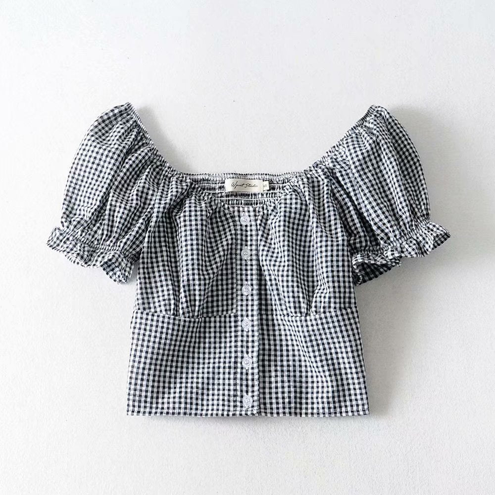  Blouse Women Shirts Boho Sqaure Neck Button Front Crop Blouse Gingham Puff Sleeve Ladies Tops Streetwear