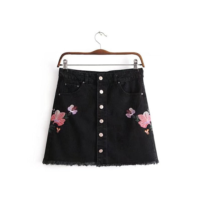  Women Skirts 2019 Flower Embroidery Denim Skirt Female Buttons Faldas Mujer A-Line High Waist Mini Skirt C4966