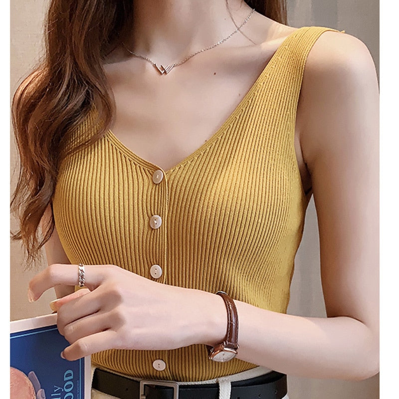 Fashion Button Knit Vest Women Top Camisole Female Solid Elastic knited Slim Sleeveless Tops Femme 2019 Summer Casual Camis New