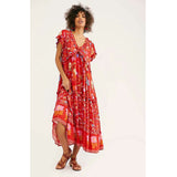 Boho Girls midi print dress plus size v neck with ruffles and puff sleeve natural waist red summer pleated dress new arrivals