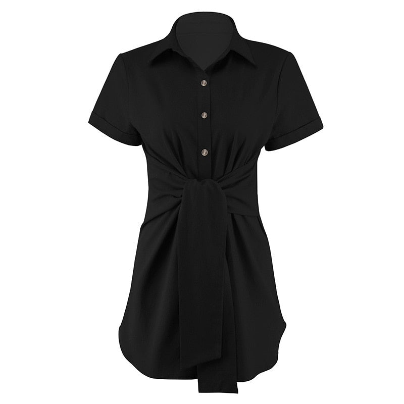  Short Sleeve Waist Shirt Sashes Turn-down Collar Long Tops Women Summer Shirt