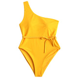 One piece Swimwear Women Swimsuit Sexy One Shoulder Padded Swimsuit Solid Padded One Piece Bright Yellow Bathing Suit