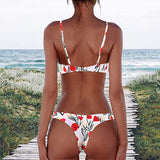 Dot Floral Print Brief Padded Bathing Suit Adjustable Strap Beach Swimming Wear Women Bikini Set